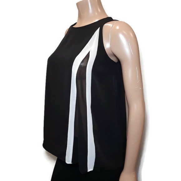 LEFON A-Line Blouse Sheer Panel Striped Trim Top